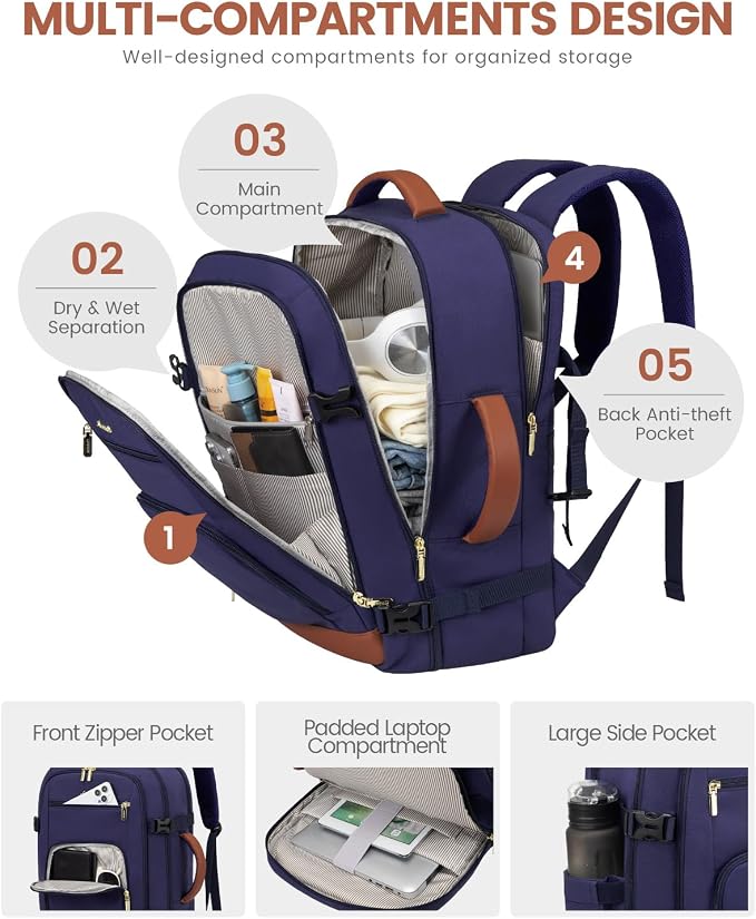 LOVEVOOK Travel Backpack For Women Flight Approved, 50L Large Carry On Backpack, Personal Item Travel Bag for Airplanes, Business 18 Inch Laptop Backpack, Weekender Overnight Daypack, With 3 Cubes - Image 3