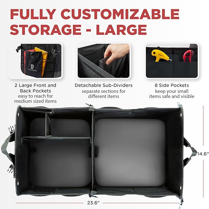 Car Trunk Organizer for SUV & Truck Cargo Storage, Large, Black | Fits Cars, SUVs & Trucks 4 Adjustable Compartments Non-Slip Base & Straps Foldable 11 Pockets Car Accessories - Image 2