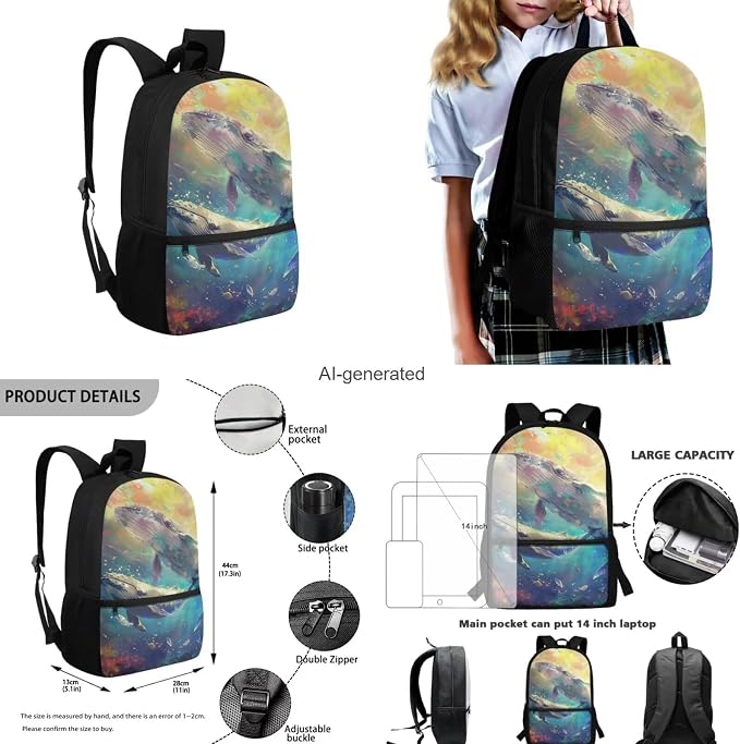 Whale Backpack for Girls Kids Backpack with Lunch Box Water Bottle Bag and Aesthetic Pencil Case 4PCS Set Bookbag with Front Pocket for School Teens 17" Lightweight School Bag with Side Pocket - Image 3