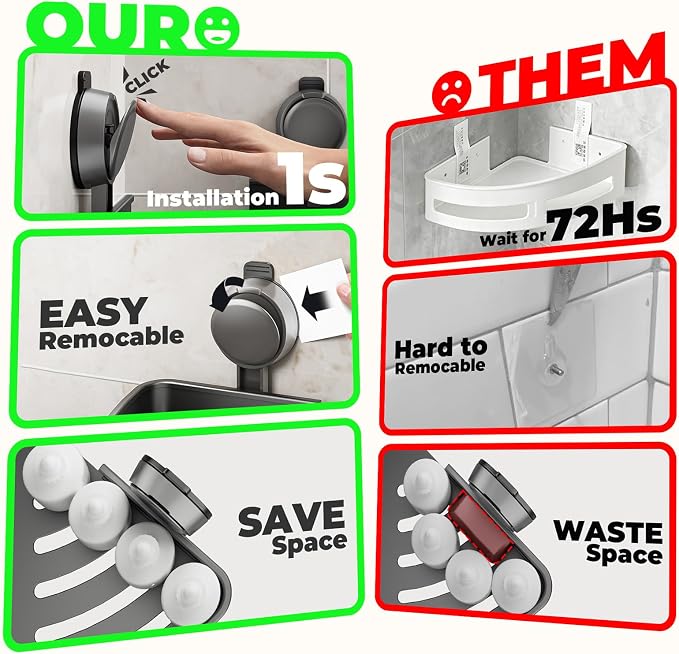Corner Shower Caddy Suction Cup,Shower Shelves with Hooks,No Drilling Powerful Upgrade Suction Bathroom Corner Organizers and Storage,Removable Waterproof Rustproof Shower Shelf Bathroom Decor - Image 8