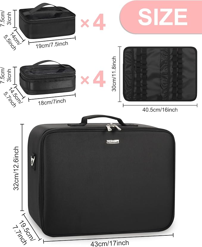 Relavel Extra Large Makeup Case Professional Cosmetic Storage Organizer Box Brush Holder with 8 Clear Set Bags & Lipstick Plate for Makeup Artists with Shoulder Strap & Adjustable Dividers - Image 6