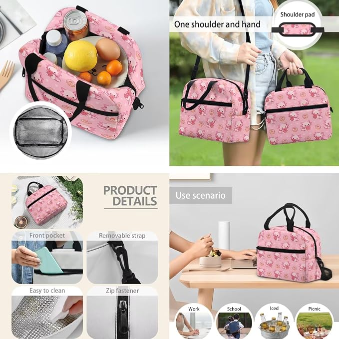 Axolotl Donuts Backpack for Kids, Girls Cute Backpack School Bookbag with Insulated Lunch Box Pencil Case 3 in 1, Lightweight Backpack for Travel - Image 3