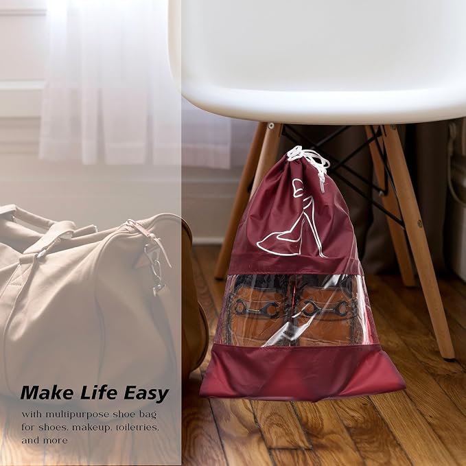 Kuber Industries Shoe Cover | Travel Shoe Storage Bags | Polyester Storage Bags | Drawstring Shoe Cover | Clear Transparent Shoe Storage Organizer | Pack of 12 | Maroon - Image 6