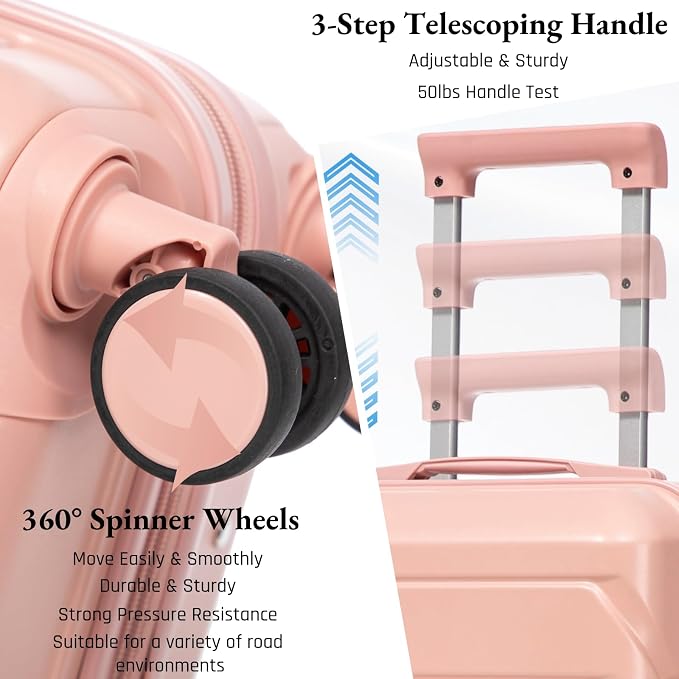 2-Piece ABS Hard Shell Lightweight Carry-On Luggage Set (14" & 20"), 360-Degree Spinner Wheels, Adjustable Telescopic Handle and Combination Lock for Travel, Pink - Image 3