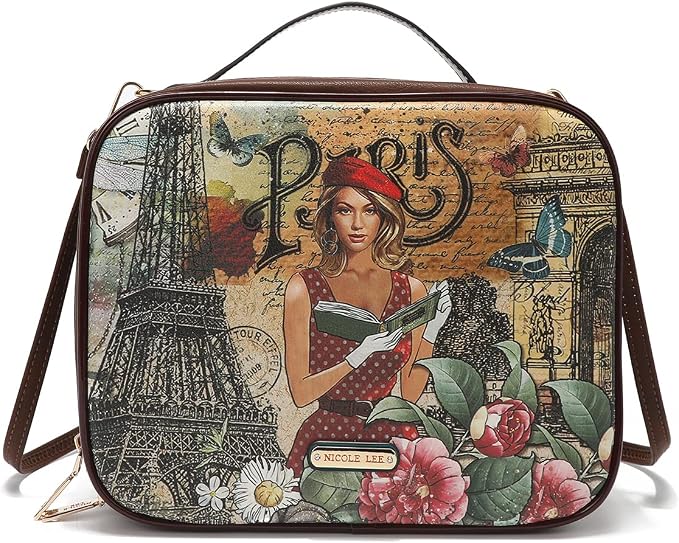 Nicole Lee Travel Handbag Crossbody Set with 3 Fashion Print Makeup Pouches, Women's Cosmetic Toiletry Organizer (Paris Fashion Week) - Image 5