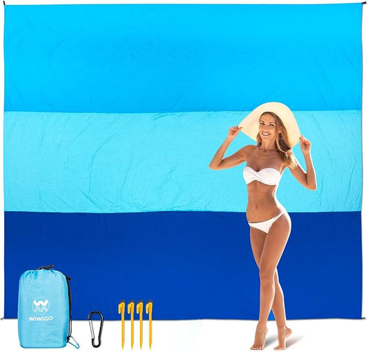 WIWIGO Beach Blanket Sandproof Extra Large Beach Mat Adults Waterproof Quick Drying Sand Free Mat Made By Premium Polyester with 4 Stakes & 4 Corner Pockets for Outdoor Travel Camping Hiking by WIWIGO