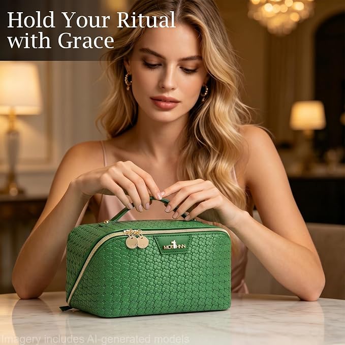 Travel Makeup Bag for Women: Designer 3 Pcs Set Cosmetic Bags for Women - Large Capacity Vagen Leather Hand-made for Toiletry Organizer - Ladies Travel Flat Open Essentials for Luxury (04Green) - Image 3