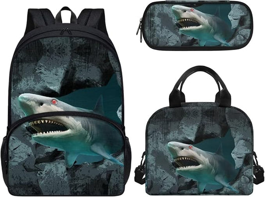 Kids Teen Backpack with Lunch Tote Pencil Case Set for Elementary Middle School 3D Shark Print Backpack with Front Pocket Lightweight School Bags Daypack for Outdoor Sports Travel by Wideasale
