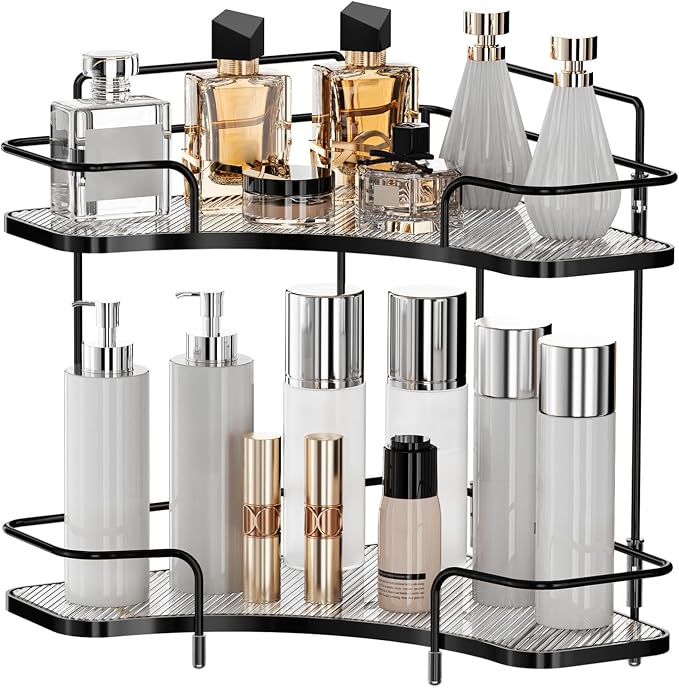 Seoneiro 2 Tier Corner Bathroom Counter Organizer, Cosmetic Skincare Organizer, Bathroom Countertop Perfume Tray Vanity Organizer, Kitchen Spice Corner Storage Shelf by Seoneiro