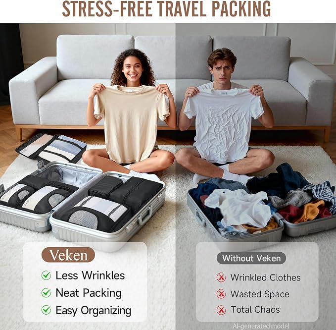Veken 10 Set/8 Set Packing Cubes for Travel Essentials,Anti-Wrinkle Buckled Suitcase Organizer for Shoe & Toiletry Bag,Carry On Luggage Bag for Airplane & College Dorm Room Accessories,Women Men Gifts - Image 7