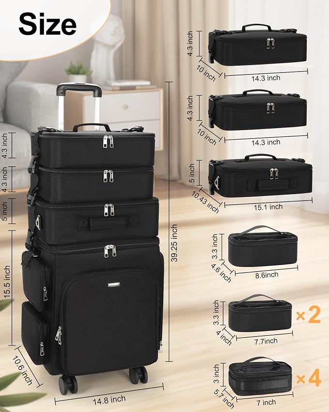 Relavel Rolling Makeup Case, 4 in 1 Hairstylist Traveling Bag Cosmetology Case on Wheels Large Hair Tools Cosmetics Train Case Makeup Artist Organizer (black with 4 additional small bags, Extra Large) - Image 6