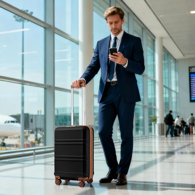 Kono Luggage Set 3 Piece Carry On Hardside Luggage with Spinner Wheels | Lightweight PC+ABS Carry On Suitcase with TSA Lock Apricot Black - Image 2