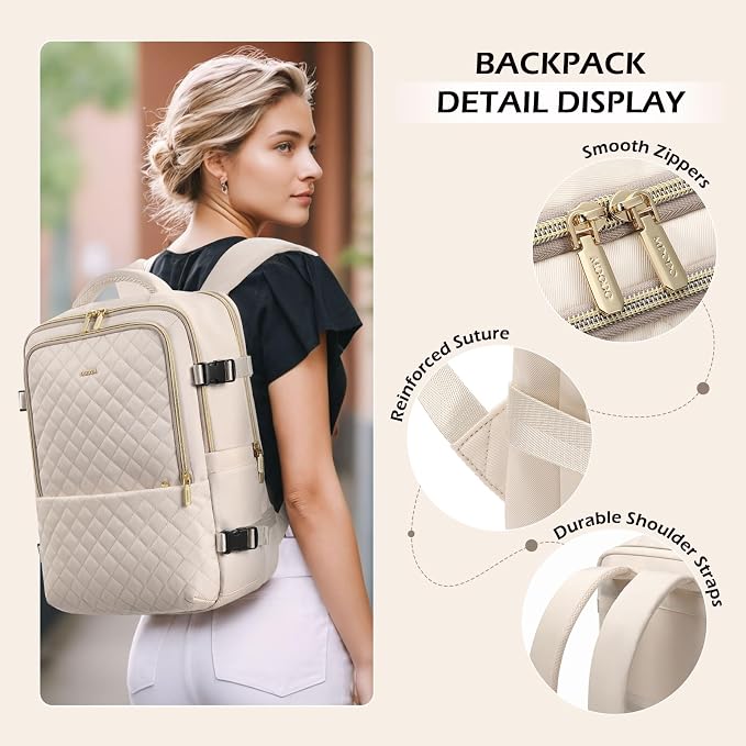 MDODO Travel Backpack for Women Men - Large Carry on Backpack fits 15.6" Laptop Lightweight Travel Bag Daypack Waterproof Causal Bookbag Backpack for College,Work,36L, Beige - Image 6