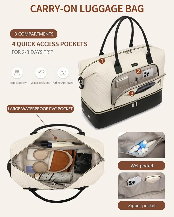 Weekender Bags for Women Travel, Under Seat Carry On Bags for Airplanes Overnight Bag with Shoe Compartment Luggage Sleeve, Foldie Travel Tote Bag Hospital Bag, Travel Gifts, White Black - Image 5