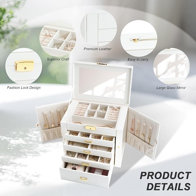 Jewelry Holder Organizer, Large Jewelry Boxes for Women, 5 Layers 4 Drawers Jewelry Box with Handle Jewelry Organizer for Earrings Rings Necklaces Bracelets, White - Image 5
