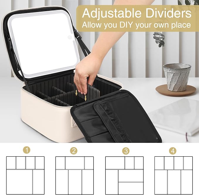 Relavel Makeup Bag with Led Mirror Travel Makeup Train Case Cosmetic Organizer Portable Artist Storage Bag with Adjustable Dividers Makeup Brushes Storage Organizer, White - Image 3