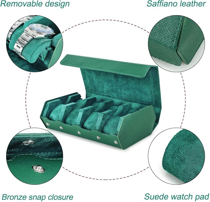 Hiram Genuine Leather Hexagon Watch Roll Travel Case, Leather 8-Watches Roll Case with Removable Pillow Cushion for Treasured Watches and Bracelets-Green - Image 4