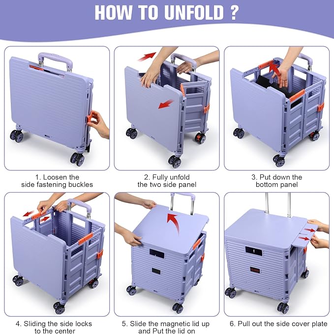FELICON SELORSS Folding Utility Cart Portable Rolling Crate Handcart-Purple | Magnetic Sliding Lid,Telescoping Handle,Plastic Box Dolly,360°Swivel Wheels for Travel Shop Move Laundry Office Teacher Use - Image 5
