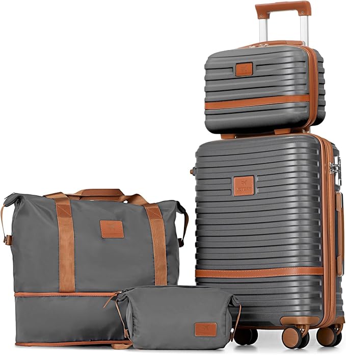 Joyway Carry On Luggage 20 Inch Expandable Suitcase with Spinner Wheel, 4 Piece Hard Shell Luggage Set with TSA Lock(Grey brown) by Joyway