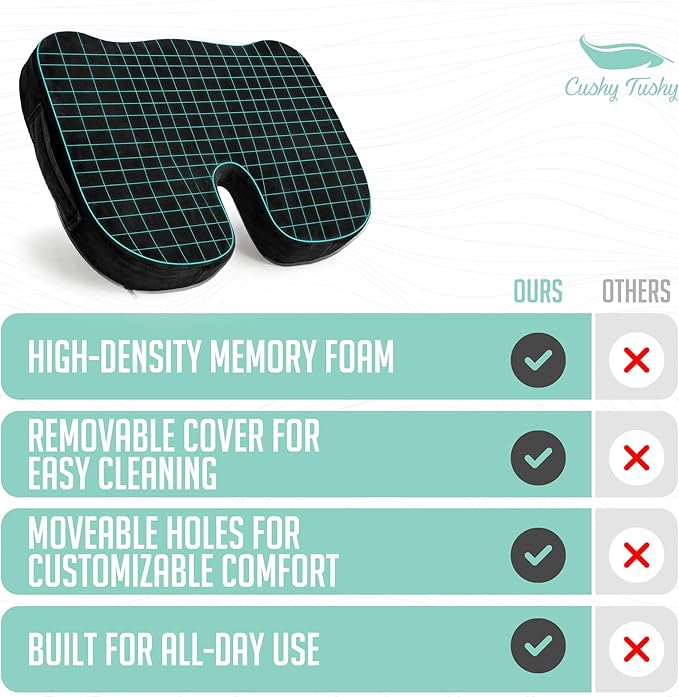 Cushy Tushy Premium Seat Cushion with Moveable Holes, Customizable Foam – Relief for Lower Back, Sciatic, & Tailbone Pain – Perfect for Driving, Home & Office – Black Fabric Cover - Image 6