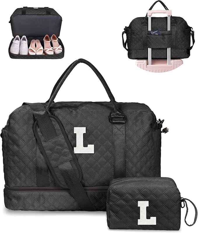 Graduation Gifts for Girls-Initial Duffle Bag with Shoe Compartment, Personalized Weekender Bag, Monogram Overnight Bag, Letter Travel Bag with Makeup Bag, Bride Gifts (Letter L) by Vogewood