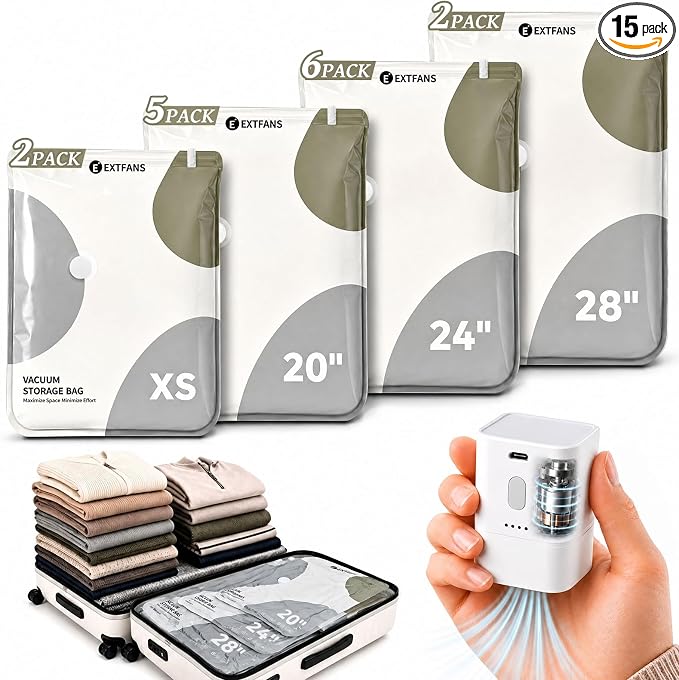 Travel Vacuum Bags with Electric Pump: 15 Pack XS/S/M/L Vacuum Seal Bags for Clothes, up to 80% Space Saver Compression Packing Bags for Suitcase, Carry-On, Cruise, Dorm & Seasonal Storage by EXTFANS