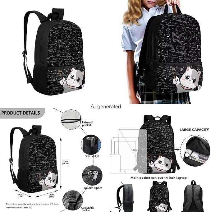 Cat Backpack for School Girls Backpack with Lunch Box Water Bottle Carrier with Strap and Kawaii Pencil Case 4 in 1 Cute Bookbag with Front Pocket 17 inch Large Elementary School Bag for Kids - Image 3