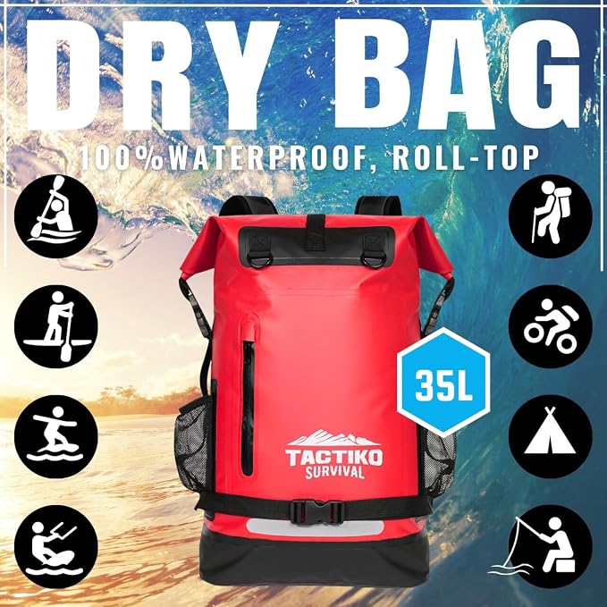 Tactiko Survival 35L Heavy-Duty 100% Waterproof Backpack | Roll Top Dry Bag - Image 2