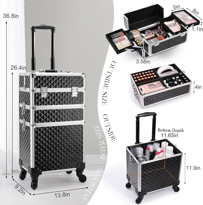 Faquenc Cosmetology Case on Wheels 3 in 1 Rolling Makeup Train Case Nail Tech Makeup Organizers Storage Cart Cosmetic Trolley Travel Barber Suitcase for Make up Artist Manicure Hair Lockable, Black - Image 7