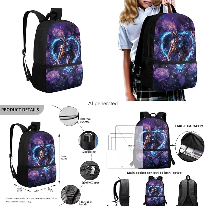Horse Backpack for Girls Kids Backpack with Lunch Box Water Bottle Holder and Aesthetic Pencil Case 4PCS Set Bookbag with Front Pocket for School Teens 17" Sturdy School Bag with Side Pocket - Image 3
