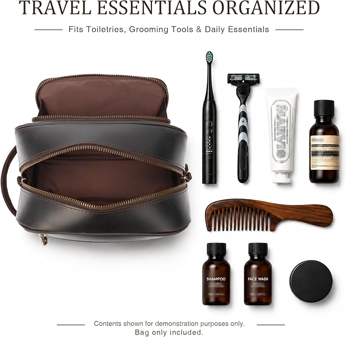 Polare Vintage Full Grain Leather Handmade Travel Toiletry Bag for Men - Dopp Kit - Shaving Kit with YKK Metal Zippers A-Dark Brown - Image 7