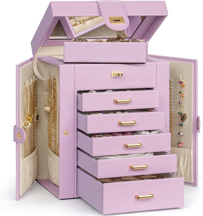 AKOZLIN 6-Tier Jewelry Box Organizer Functional 5 Drawers Leather Jewelry Storage Case for Women Girls Ring Necklace Earring Bracelet Holder Organizer with Mirror Light Purple Regular - Image 7