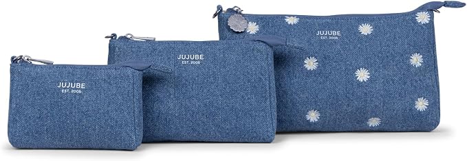 JuJuBe 3-Piece Pouch Set Diaper Bag Organizing Pouches, Perfect for Travel, On The Go, Zipper Cosmetic Makeup Bag or Diaper and Wipes Storage Pouch, Large, Medium, & Small, Denim & Daisies (Blue) by JuJuBe