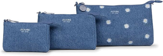 JuJuBe 3-Piece Pouch Set Diaper Bag Organizing Pouches, Perfect for Travel, On The Go, Zipper Cosmetic Makeup Bag or Diaper and Wipes Storage Pouch, Large, Medium, & Small, Denim & Daisies (Blue) by JuJuBe