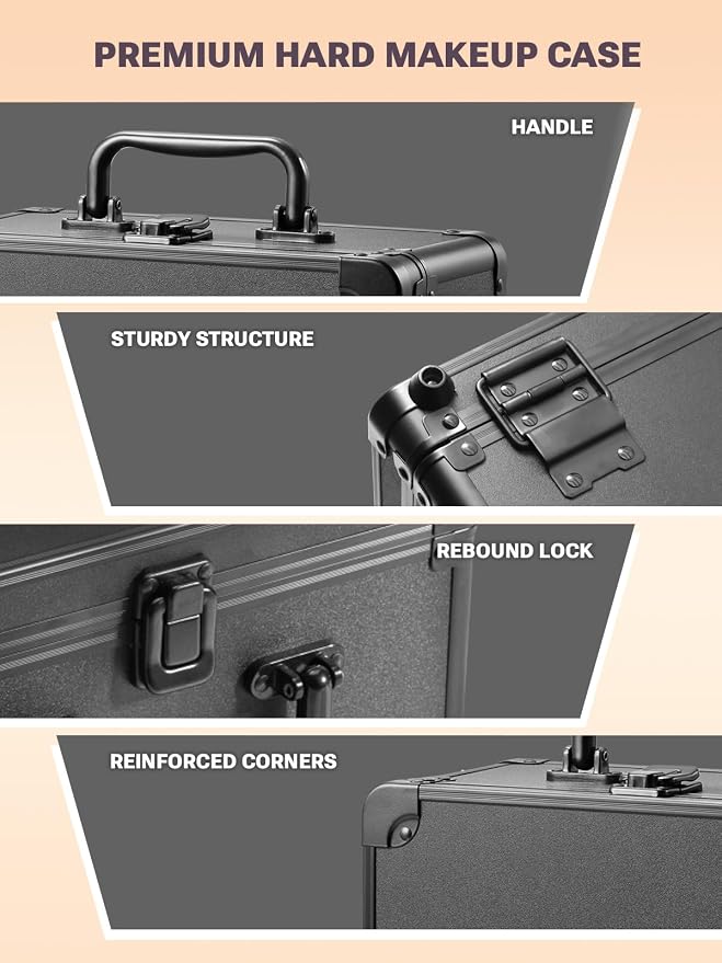 Qislee Makeup Box with A Detachable Lighted Mirror, Waterproof Travel Train Case, Cosmetic Organizer and Makeup Suitcase with Adjustable Dividers, Magnetic LED Mirror (Black) | Makeup Organizer, Cosmetic Travel Bag for Women, Adjustable Dividers, Brush... - Image 4