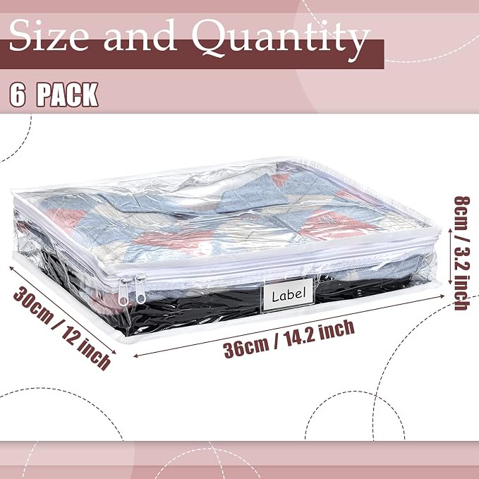 Hoolerry 6pcs Clear Zippered Storage Bag Plastic Individual Sweater Storage Bag with Zipper Label Closet Clothing Organizer for Blanket Clothes Bed Sheet Comforter Quilt Pillow(14.2 x 12 x 3.2 Inch) - Image 2