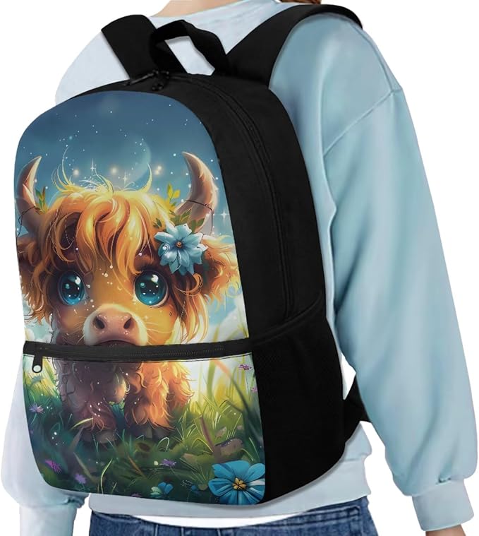 Highland Cow Backpack for Girls Kids Backpack with Lunch Box Water Bottle Carrier and Cute Pencil Case 4PCS Set Bookbag with Front Pocket 17 inch Large Capacity School Bag for Elementary Girls - Image 2