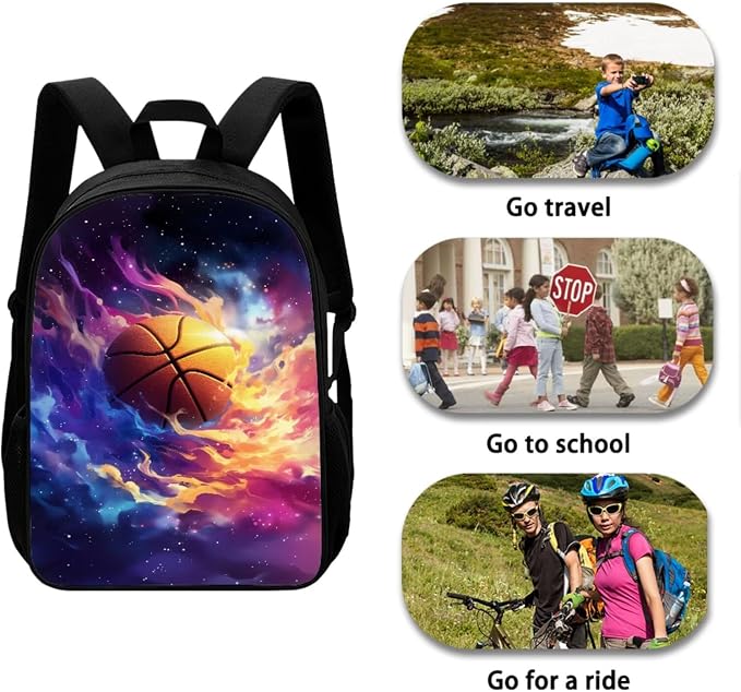 Galaxy Basketball Print 3Pcs School Bag Backpack Set for Teen Girls, Elementary Middle Kids Bookbag Durable Lightweight Knapsack with Lunch Box Pencil Case, Large School Bookbag Set - Image 3