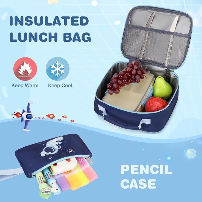 Bevalsa Kids Backpack for Boys with Bento Lunch Box, Insulated Bag & Utensils, 43oz Lunch Containers with 6 Compartment, School Bags for Elementary Middle School Student (Space) - Image 7