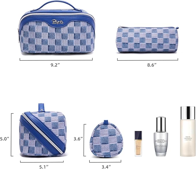 BOYATU Travel Makeup Bag for Women: Large Cosmetic Bag Set of 3 - PU Leather Make up Bag with Compartments - Compact Waterproof Toiletry Bag with Divider & Handle (D-1-Blue) - Image 3