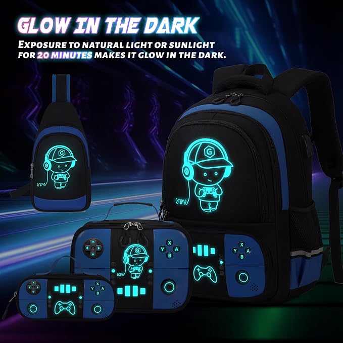 Bevalsa Backpack for School Boys, Cool Luminous Gamer Boys Schoolbag with Sling Bag,Lunch Box & Pencil Case for Kids Children Teens Elementary Middle School(Blue Backpack with Shoulder Bag) - Image 3