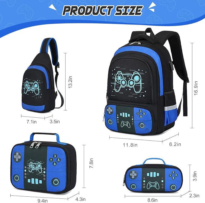 Bevalsa Backpack for School Boys, Cool Luminous Gamer Boys Schoolbag with Sling Bag,Lunch Box & Pencil Case for Kids Children Teens Elementary Middle School(Blue Game Backpack with Shoulder Bag) - Image 2