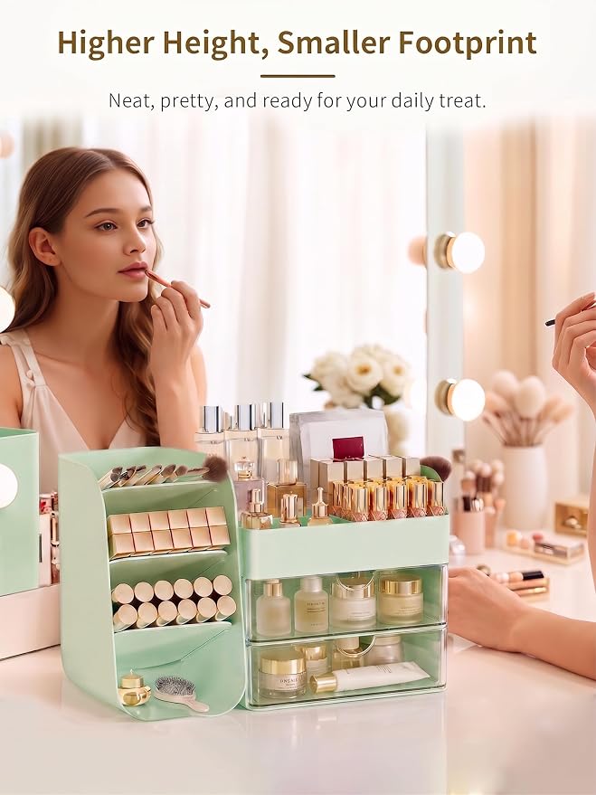 Booklov Small Makeup Organizer for Vanity and Bathroom Countertop, Green | Clear Acrylic Cosmetic Display Case, Beauty Brush Holder for Dresser Counter Skincare Eyeshadow Lipstick Perfume Storage - Image 4
