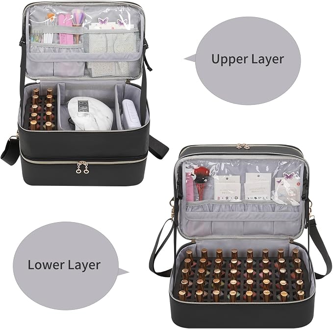 Ethereal Nail Polish Organizer Case, Leather Nail Polish Bag Holds 50+ Bottles (5ml/0.5fl.oz) and Nail Lamp, Nail Storage Organizer with Compartment, Leather Black - Image 2