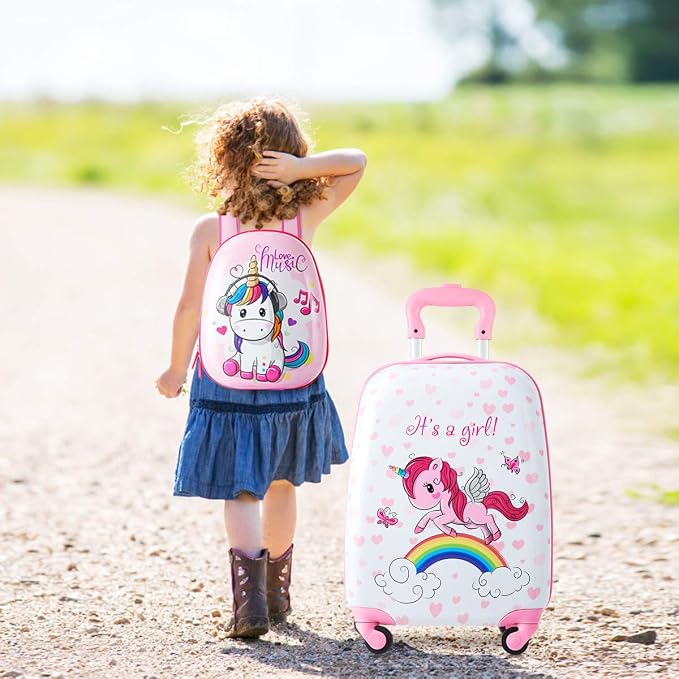 HONEY JOY 2 Pcs Kids Carry On Luggage, 12" School Backpack & 16" Rolling Suitcase, Waterproof Hard Shell Travel Case with Spinner Wheels, Gift for Boys Girls Overnight Travel, Pink Unicorn - Image 3