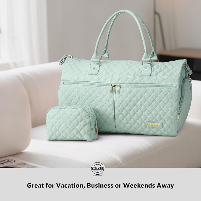 STOVER Women’s Convertible Garment Duffel Bag for Travel – 2-in-1 Carry-On Weekender/Overnight Tote - Wrinkle-Free Dresses, Suits & Clothes + Shoe Compartment & Bonus Toiletry Bag (Coastal Mint) - Image 9