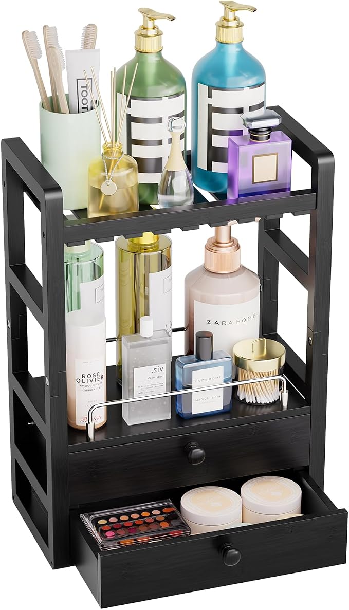 AmazerBath Bamboo Bathroom Countertop Organizer, 2-Tier Makeup Organizer with 2 Drawers, Vanity Organizer Storage Coffee Matcha Station, Compact Shelf for Bathroom Kitchen Office, Black - Image 8