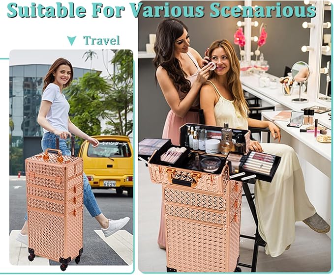 AROUS 5 in 1 Rolling Makeup Train Case with Lid Cosmetology Case on Wheels | Large Cosmetic Trolley Organizer with Keys Salon Barber Case Traveling Cart Trunk for Artist Hairstylists Nail Tech, Gold - Image 2