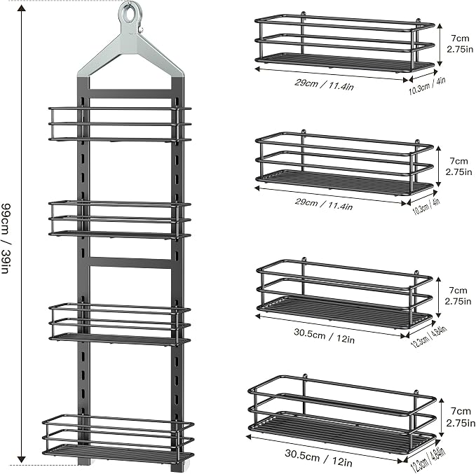 Orimade 4 Tier Adjustable Anti-slip Shower Caddy over Shower Head,Rustproof Bathroom Hanging shower Organizer with 4 Hooks for Razor,No Drilling Shower shelves Storage Rack,Grey - Image 8