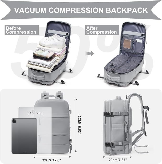 coowoz Vacuum Backpack Travel with Pump,Travel Backpack with Vacuum System For Women Men,Carry On Backpack,Hiking Backpack Waterproof Outdoor Sports Rucksack Casual Daypack,25L(Built-in Pump),Grey - Image 5